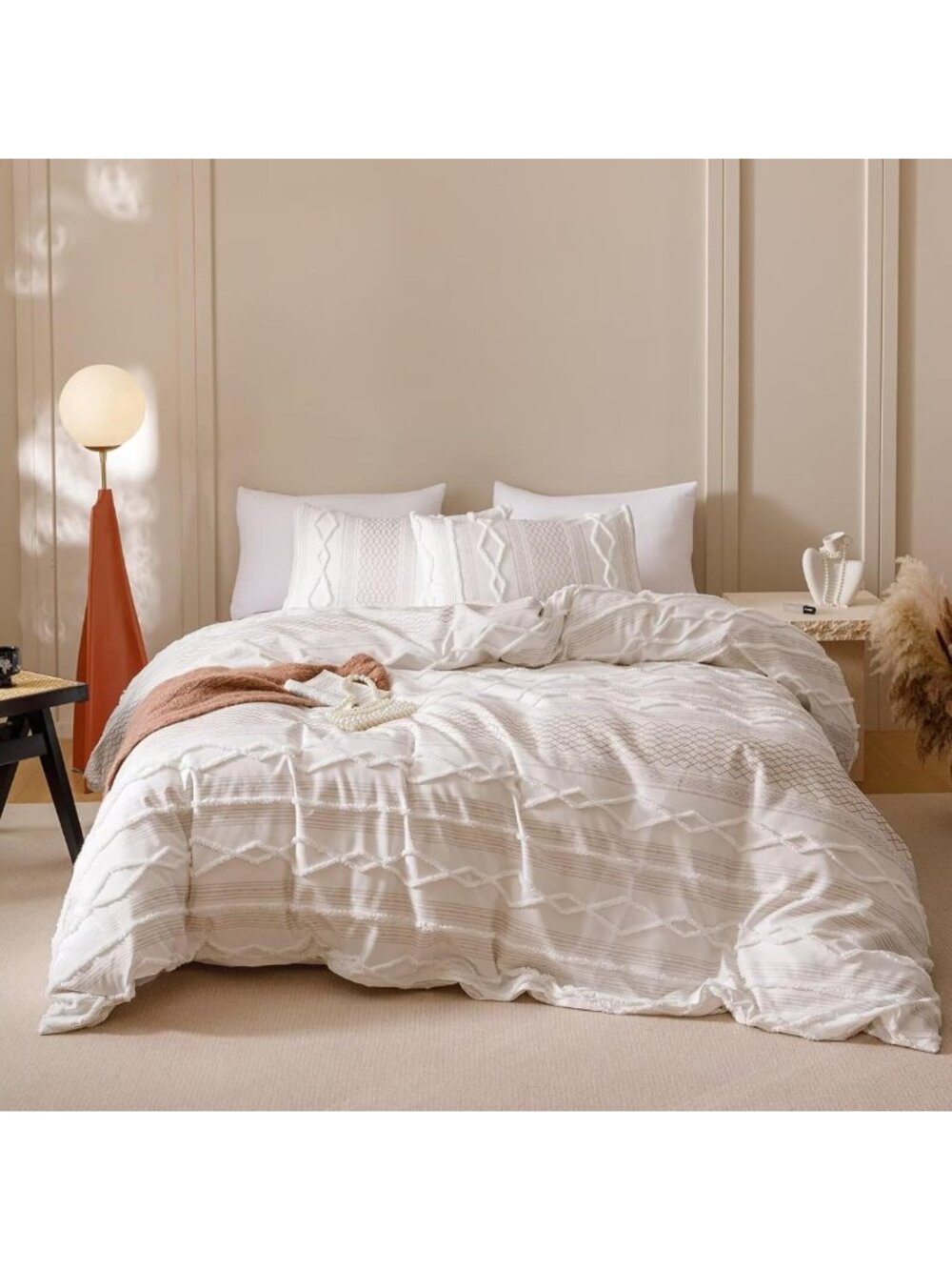 Queen White Boho Comforter Set - Soft Tufted Bedding, Rustic Chic 3PCS Quilt